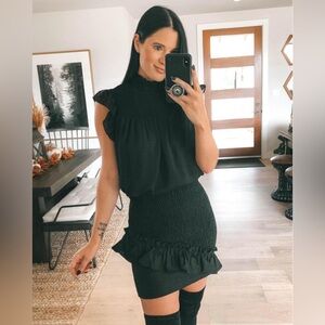 La Ven Swiss Dot Flutter Sleeve Black Blouse Top